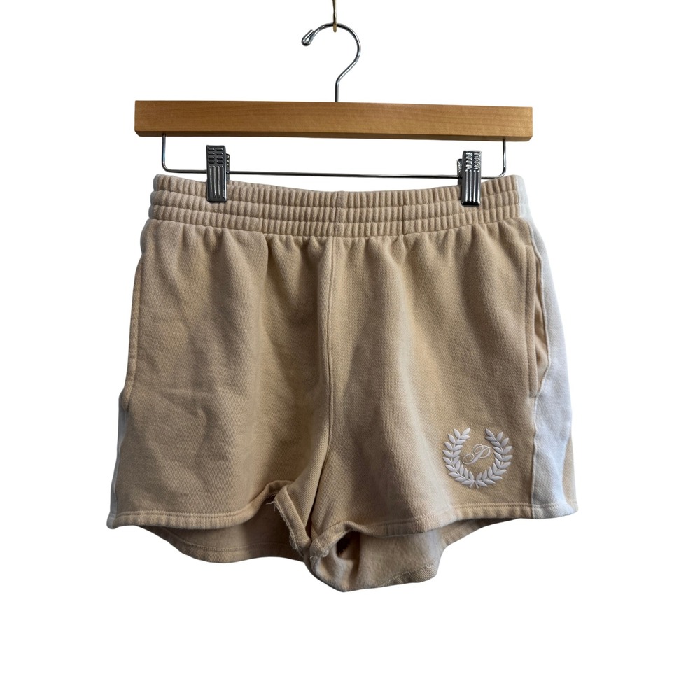 Pink Victoria's Secret Beige Fleece Lounge Shorts White Stripe Logo Small 02/24